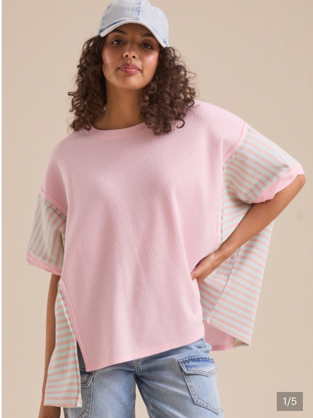 Altar’d State Pink Oversized Waffle Knit Top Mint Stripe Colorblock Size M